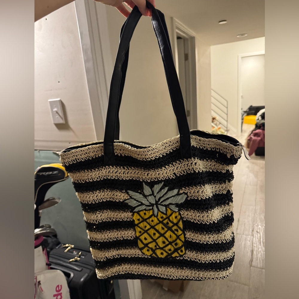 Anthropologie Black and Cream Striped Tote with Pineapple Design